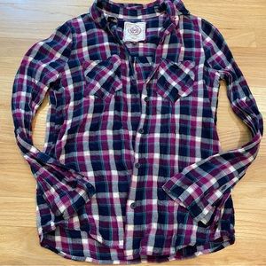 SO junior S long sleeve multi color green/purple/white plaid button down…